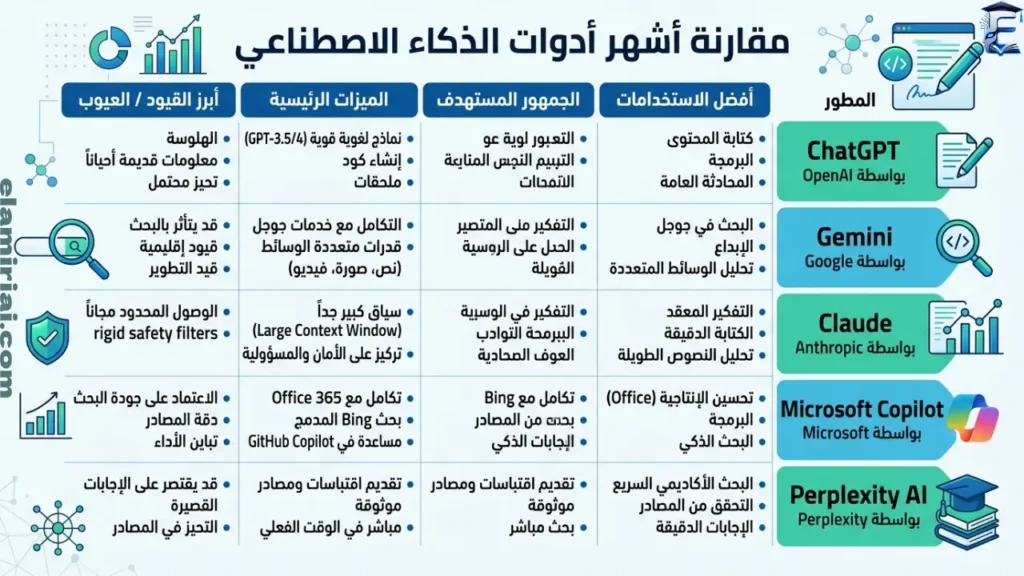 مقارنة أشهر أدوات الذكاء الاصطناعي